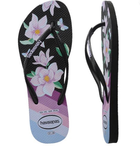 Havaianas Slim Floral Black Black Lavender Female Finstones