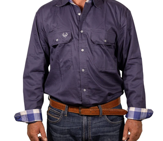 Antola Mens Brady Full Button Shirt - Gingham Trim [Col:Navy Siz:M]