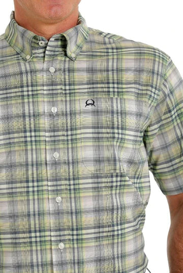 Cinch Mens ArenaFlex Short Sleeve Button Down Shirt - Green Multi [Siz:S]