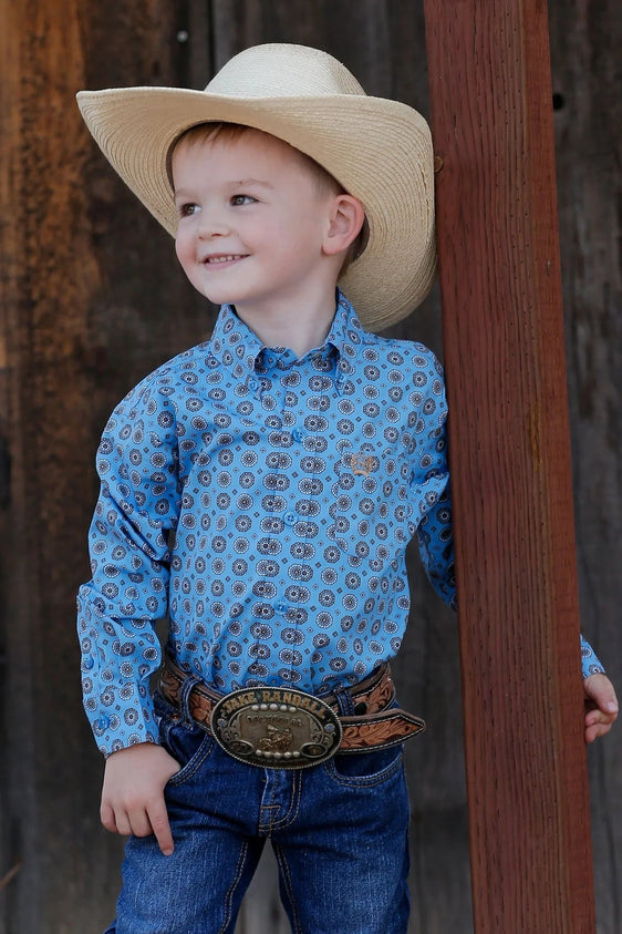 Cinch Boys Infant Medallion Print Button Down Shirt - Blue Grey [Siz:3-6M]