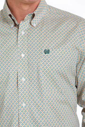 Cinch Mens Geometric Print Button Down Shirt - White/Orange/Green [Siz:S]
