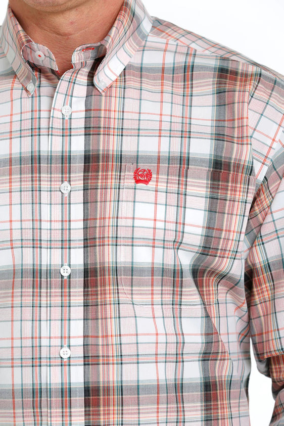 Cinch Mens Plaid Button Down Long Sleeve Shirt - White/Orange/Green [Siz:S]