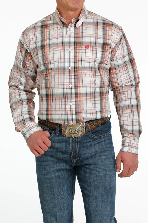 Cinch Mens Plaid Button Down Long Sleeve Shirt - White/Orange/Green [Siz:M]