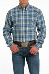 Cinch Men's Plaid Button-Down Western Shirt - Cream/Light Blue/Navy [Siz:S]