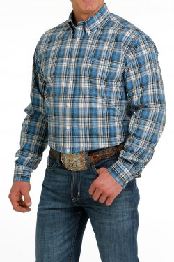 Cinch Men's Plaid Button-Down Western Shirt - Cream/Light Blue/Navy [Siz:M]