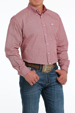 Cinch Men's Geometric Print Button-Down Western Shirt - Burgundy/White [Siz:L]