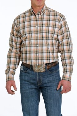 Cinch Men's Plaid Button-Down Western Shirt - White/Orange/Khaki [Siz:S]