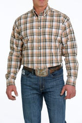 Cinch Men's Plaid Button-Down Western Shirt - White/Orange/Khaki [Siz:S]