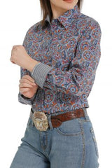 Cinch Women's Button-Down Western Shirt - Blue/Red/Orange [Siz:M]