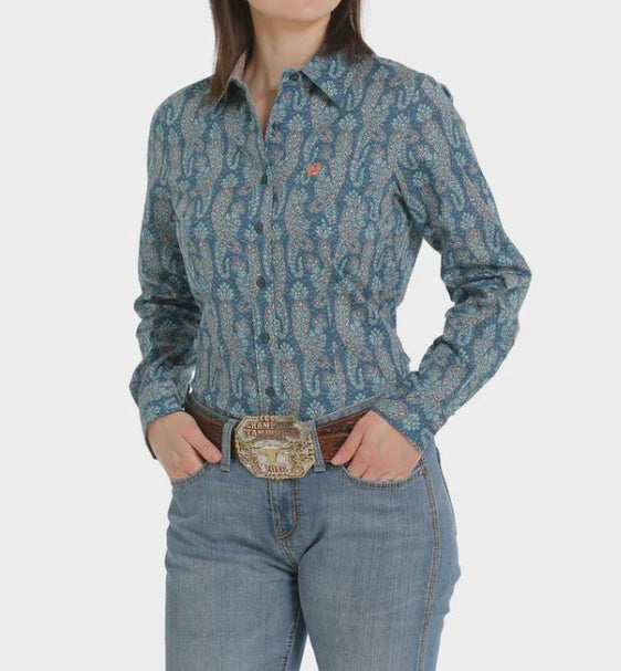 Cinch Ladies Bull Button Long Sleeve Paisley Print Shirt - Blue [Siz:S]