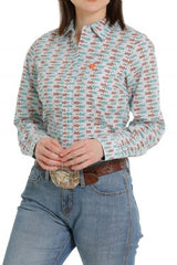 Cinch Womens Button Down Shirt - White/Orange/Blue [Siz:S]