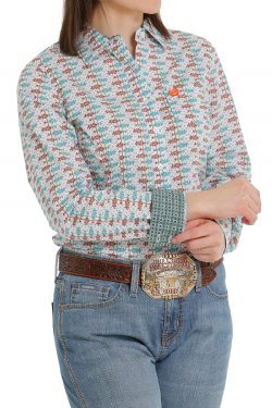 Cinch Womens Button Down Shirt - White/Orange/Blue [Siz:M]