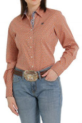 Cinch Women's Button-Down Western Shirt - Orange/Cream [Siz:S]