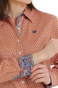 Cinch Women's Button-Down Western Shirt - Orange/Cream [Siz:L]