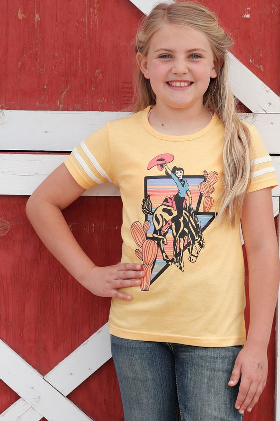 CINCH GIRL'S COWGIRL PRINT FOOTBALL TEE - YELLOW [Siz:S/6-7]