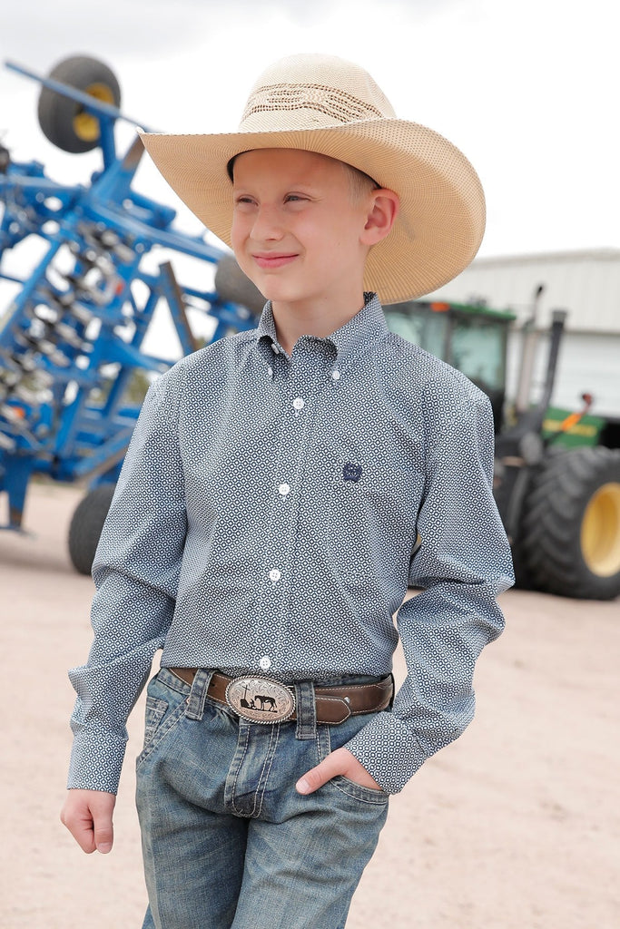 CINCH BOY'S MATCH DAD GEOMETRIC PRINT BUTTON-DOWN WESTERN SHIRT - LIGHT BLUE [Siz:XS]