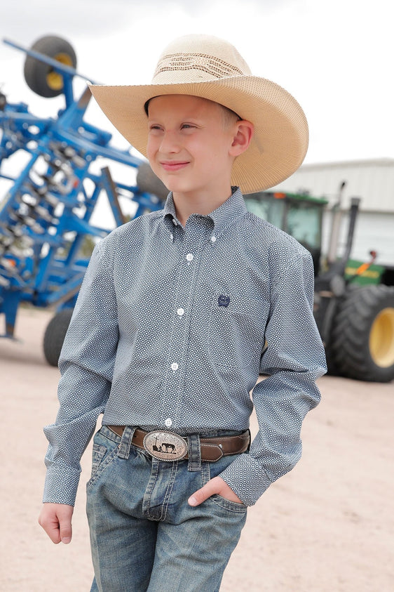 CINCH BOY'S MATCH DAD GEOMETRIC PRINT BUTTON-DOWN WESTERN SHIRT - LIGHT BLUE [Siz:XS]