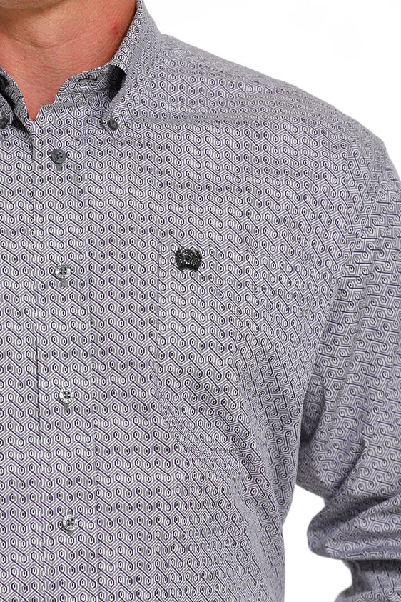 Cinch Mens Medallion Print Button Down Shirt - White/Grey [Siz:S]