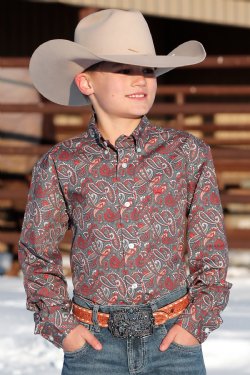 Cinch Boy's Paisley Print Button Down Shirt - Blue/Red/Brown [Siz:S]