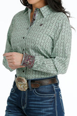 Cinch Women's Button Down Shirt - Lime Green/Brown Print [Siz:M]