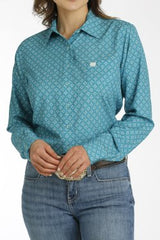 Cinch Women's Geometric Print Arenaflex Button Down Shirt - Teal [Siz:XS]