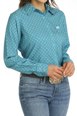 Cinch Women's Geometric Print Arenaflex Button Down Shirt - Teal [Siz:S]