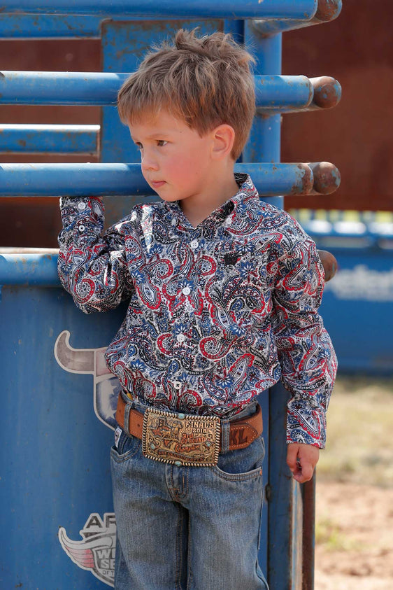 Cinch Boy's Button Down Paisley Print Shirt - Blue/Red [Siz:3-6M]