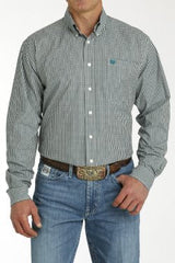 Cinch Mens Gingham Print Button Down Long Sleeve Shirt - Teal/White [Siz:XS]