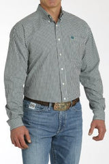 Cinch Mens Gingham Print Button Down Long Sleeve Shirt - Teal/White [Siz:XS]