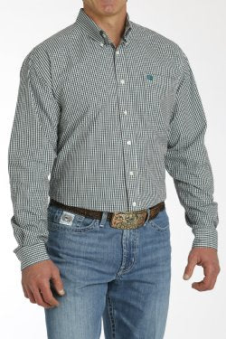 Cinch Mens Gingham Print Button Down Long Sleeve Shirt - Teal/White [Siz:S]