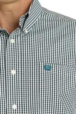 Cinch Mens Gingham Print Button Down Long Sleeve Shirt - Teal/White [Siz:M]