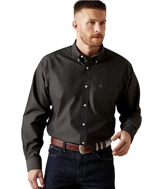 Ariat Mens Wrinkle Free Solid Pinpoint Oxford L/S Shirt - Black [Siz:S]