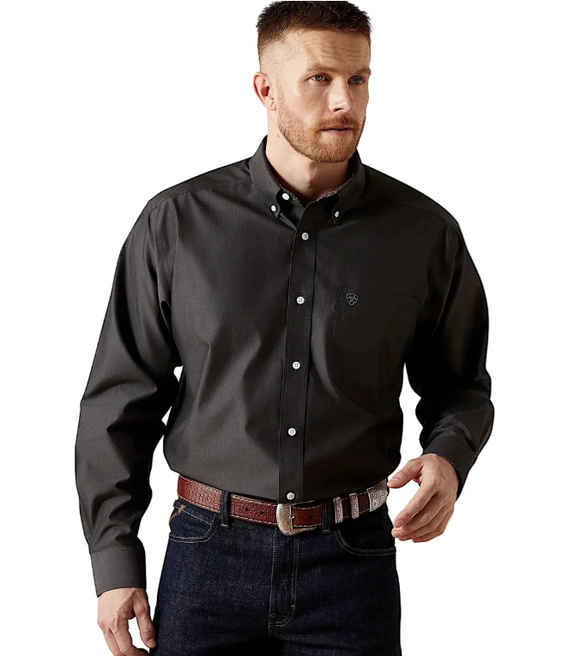 Ariat Mens Wrinkle Free Solid Pinpoint Oxford L/S Shirt - Black [Siz:S]