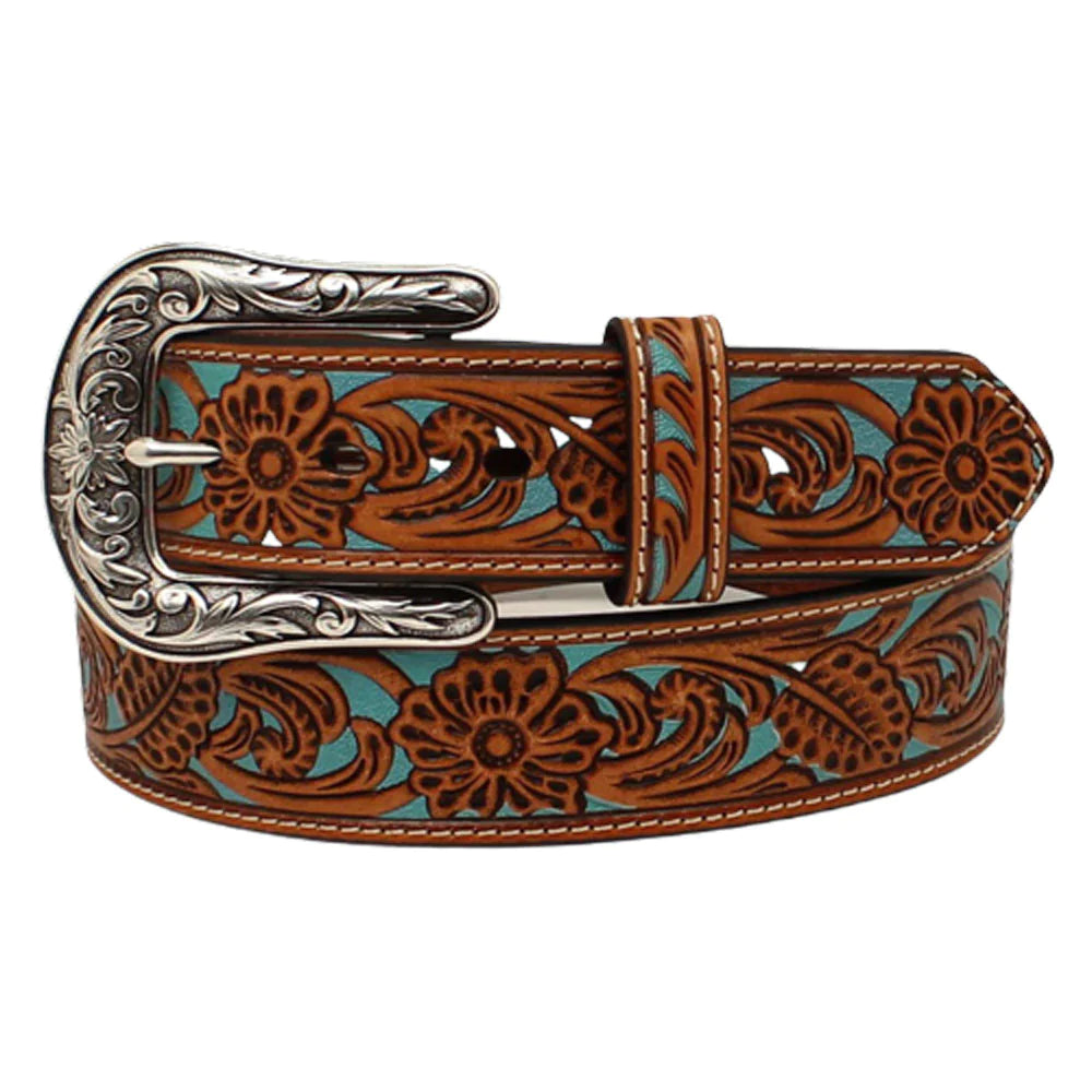Ariat Womens Floral Turquoise Underlay Belt 1 1/2" Tan