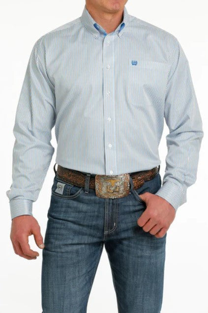 Cinch Mens Stripe Tencel Button Down Shirt - White/Blue/Grey