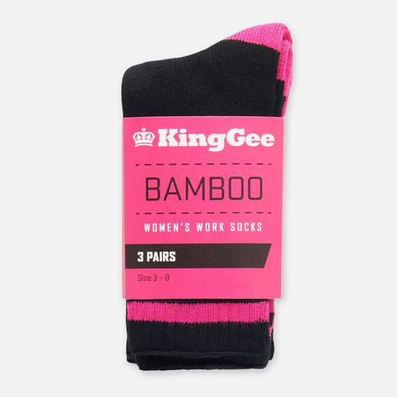 KingGee Women's Bamboo Crew Work Socks 3 Pack - Black/Pink