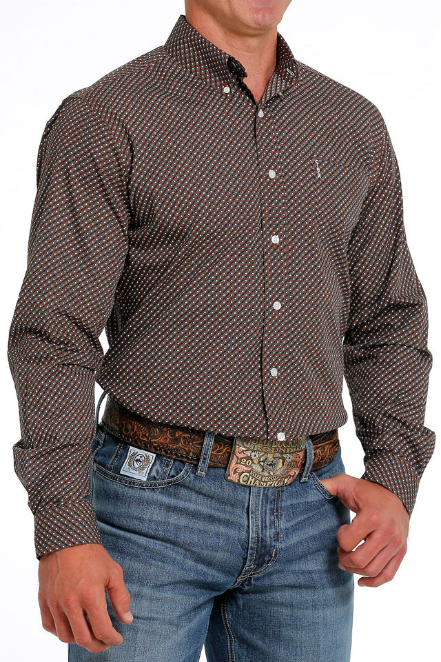 Cinch Mens Modern Fit Long Sleeve Button Down Shirt - Brown/White