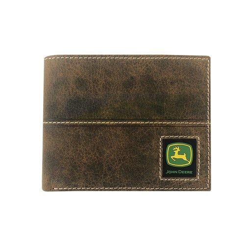 John Deere Tan Distressed Leather Bi-Fold Wallet with Rubber Trademark Patch