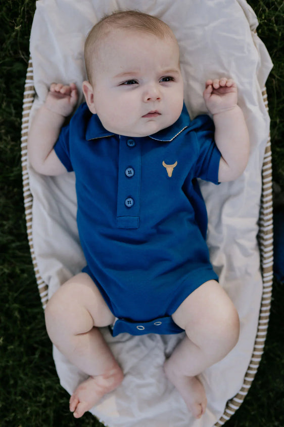 Little Windmill Clothing Co Nathan Baby Polo Romper - Ocean Blue