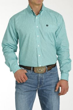 Cinch Men's Geometric Print Botton Down Shirt - Turquoise