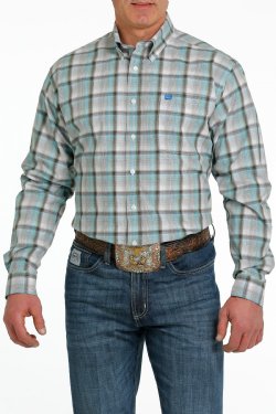 Cinch Mens Plaid Button Down Shirt - White/Green/Brown