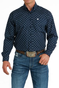 Cinch Men's Geometric Print Button Down Shirt - Navy/Blue