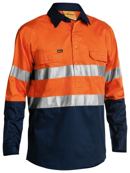 Bisley Taped Hi Vis Closed Front Cool Lightweight Long Sleeve Shirt - Orange/Navy