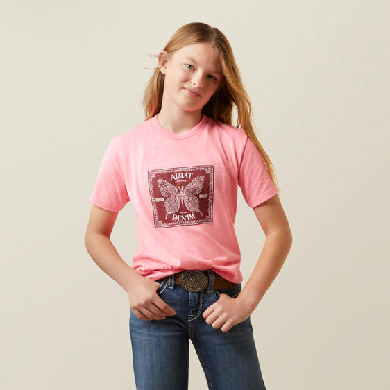 Ariat Girls Butterfly Bandana T-Shirt - Neon Pink Heather