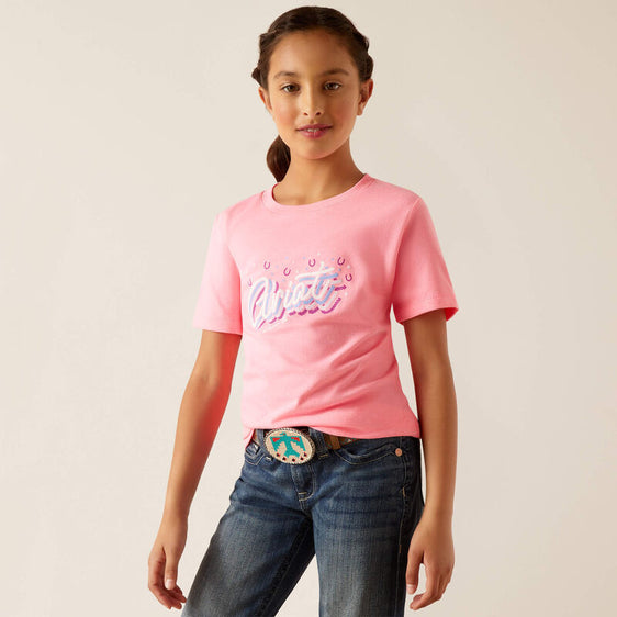 Ariat Girls Rainbow Script T-Shirt - Neon Pink Heather