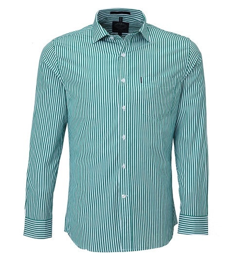 Pilbara Mens Single Pocket Long Sleeve Shirt [Col:Emerald/White Stripe Siz:M]