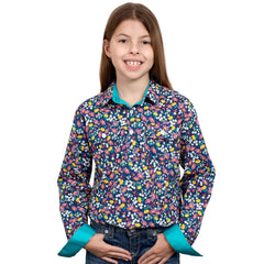 Just Country Girls Harper Half Button Print Workshirt - Indigo Dasies [Siz:S]