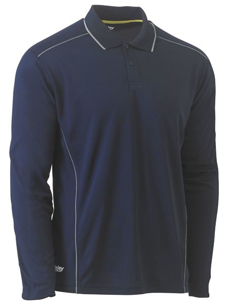 Bisley Mens Cool Mesh L/S Polo with Reflective Piping [Col:Navy Siz:S]