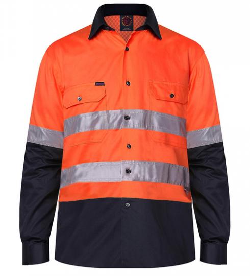 RM107V2R 2 Tone,L/S , Reflective, Vented Work Shirt [Col:Orange/Navy Siz:S]