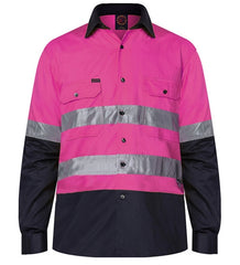 Ritemate 2 Tone Open Front Long Sleeve Shirt 50mm Reflective Tape [Col:Pink/Navy Siz:S]